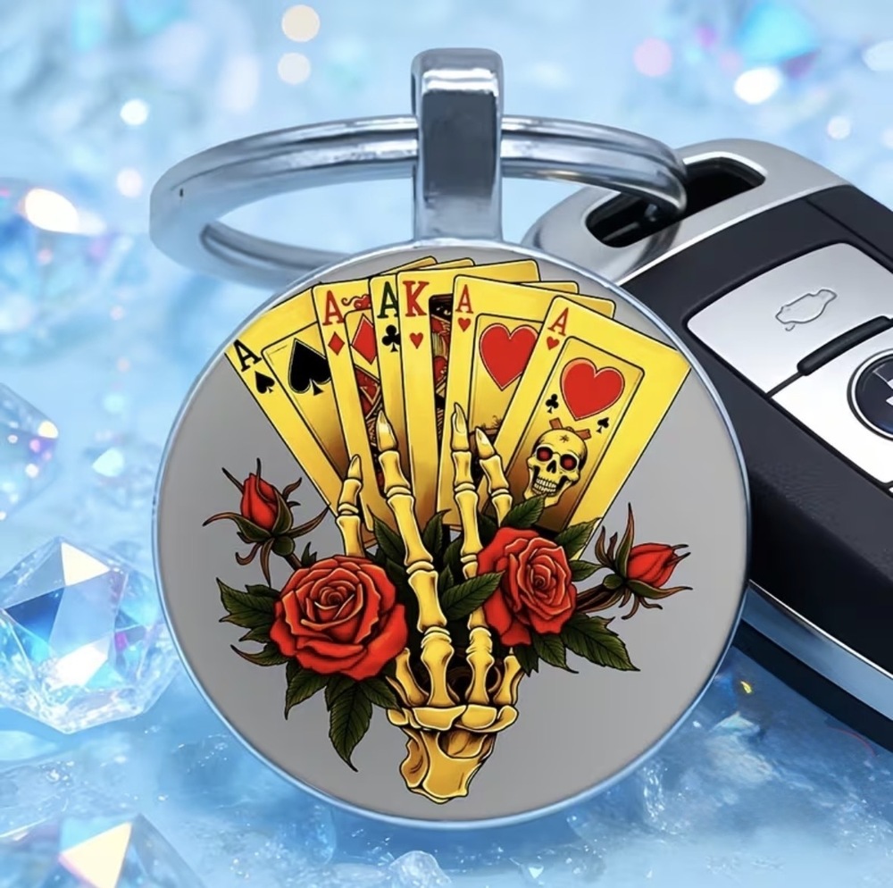 3/$25 Skeleton Poker Hand Red Roses Keychain NEW